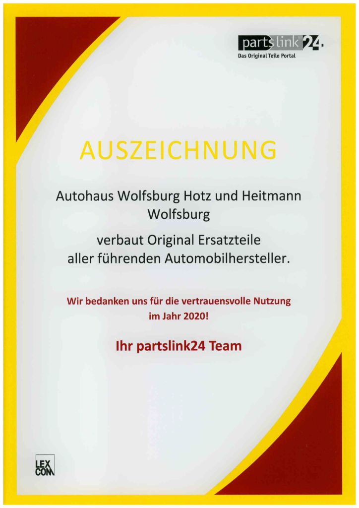 Auszeichnung von partslink24 für das Autohaus Wolfsburg